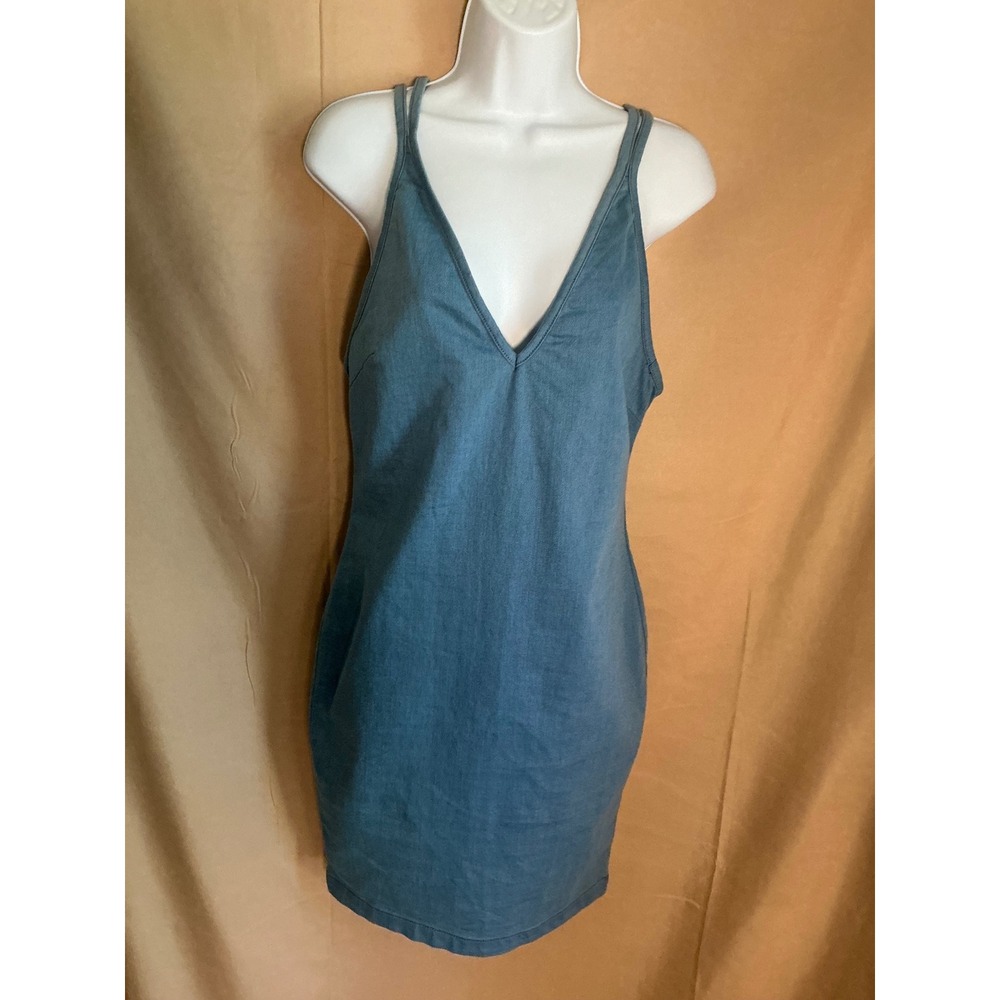 Judy Blue Denim Dress Women Large Blue Excellent Bodycon Strappy Back Mini V-Nec